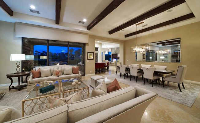 Chandelier, Dining room, Fireplace, Interior, Living room, Pendant Lights, Recessed Lighting, Wooden Beams