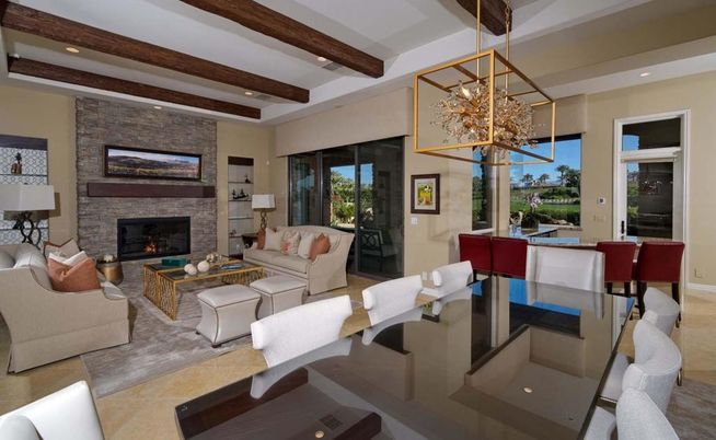 Dining room, Fireplace, Interior, Living room, Pendant Lights, Recessed Lighting, Stone Walls, Wooden Beams