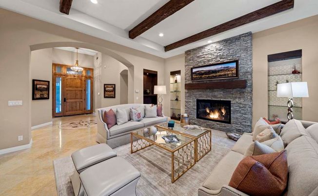 Fireplace, Interior, Living room, Pendant Lights, Recessed Lighting, Stone Walls, Wooden Beams