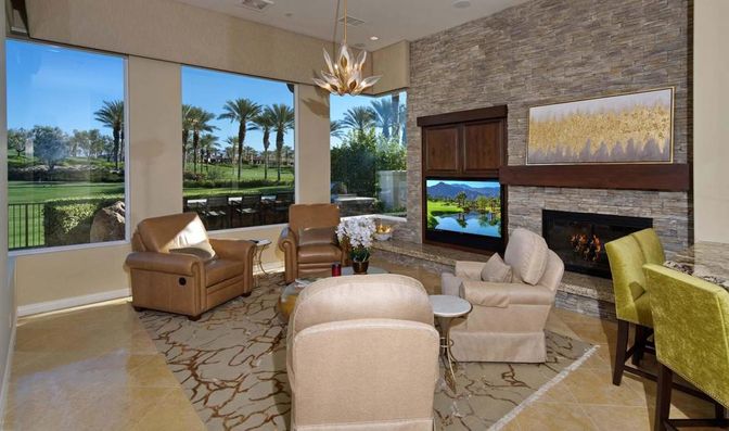 Fireplace, Interior, Living room, Pendant Lights, Recessed Lighting, Stone Walls