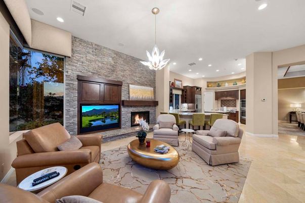 Fireplace, Interior, Kitchen, Living room, Pendant Lights, Recessed Lighting, Stainless Steel Appliances, Stone Walls