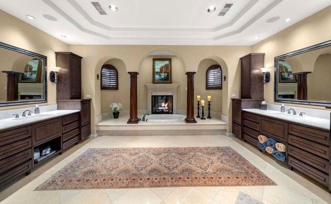 Bathroom, Dual Sink Vanities, Fireplace, Interior, Recessed Lighting