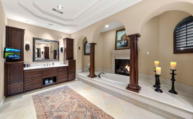 Bathroom, Dual Sink Vanities, Fireplace, Interior, Recessed Lighting
