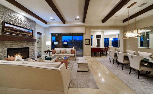 Dining room, Fireplace, Interior, Living room, Pendant Lights, Recessed Lighting, Stone Walls, Wooden Beams