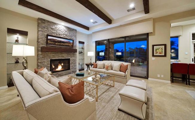 Fireplace, Interior, Living room, Recessed Lighting, Stone Walls, Wooden Beams