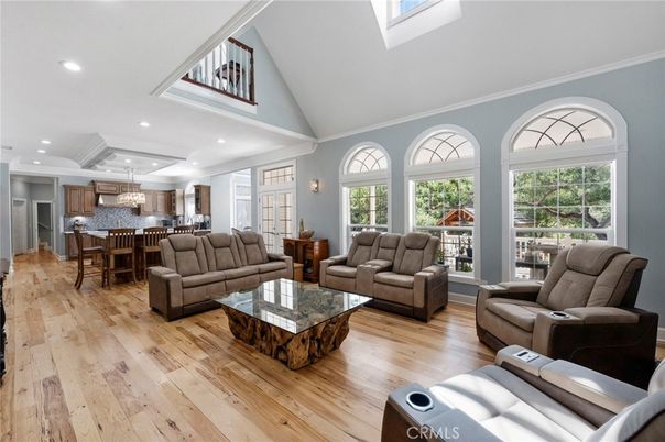 Chandelier, Dining room, Interior, Kitchen, Living room, Recessed Lighting, Wood Texture Flooring