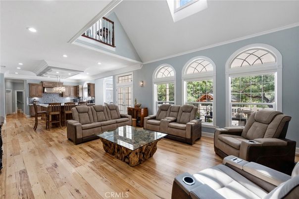 Chandelier, Dining room, Interior, Kitchen, Living room, Recessed Lighting, Wood Texture Flooring