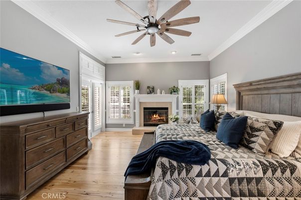Bedroom, Fireplace, Interior, Living room, Recessed Lighting, Wood Texture Flooring