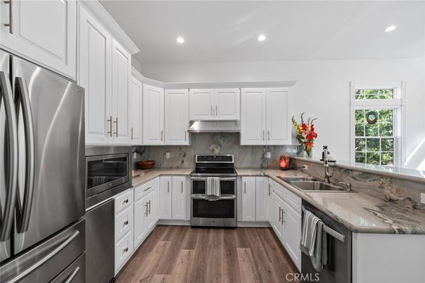 Interior, Kitchen, Recessed Lighting, Stainless Steel Appliances, Wood Texture Flooring