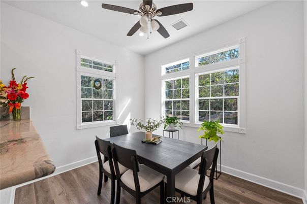 Dining room, Interior, Recessed Lighting, Wood Texture Flooring