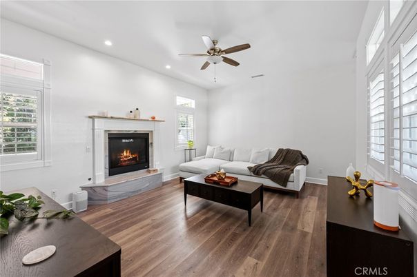 Fireplace, Interior, Living room, Recessed Lighting, Wood Texture Flooring