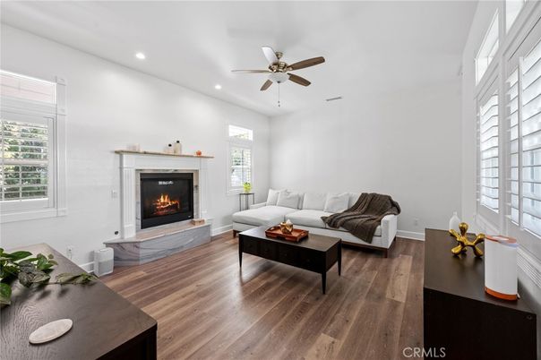 Fireplace, Interior, Living room, Recessed Lighting, Wood Texture Flooring