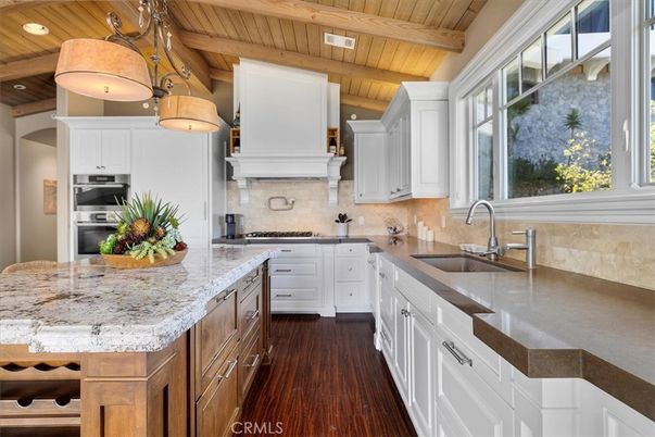 Interior, Kitchen, Pendant Lights, Recessed Lighting, Stainless Steel Appliances, Wooden Beams, Wooden Ceilings, Wood Texture Flooring
