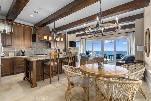 Chandelier, Dining room, Interior, Kitchen, Pendant Lights, Recessed Lighting, Water, Wooden Beams