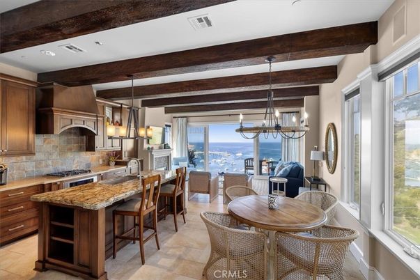 Chandelier, Dining room, Interior, Kitchen, Pendant Lights, Recessed Lighting, Water, Wooden Beams