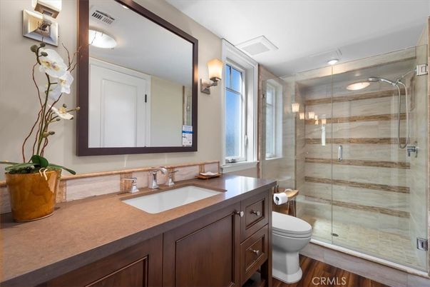 Bathroom, Glass Shower, Interior, Recessed Lighting, Wood Texture Flooring