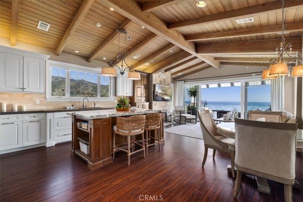 Chandelier, Dining room, Interior, Kitchen, Pendant Lights, Recessed Lighting, Water, Wooden Beams, Wooden Ceilings, Wood Texture Flooring