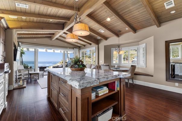 Dining room, Interior, Kitchen, Pendant Lights, Recessed Lighting, Water, Wooden Beams, Wooden Ceilings, Wood Texture Flooring