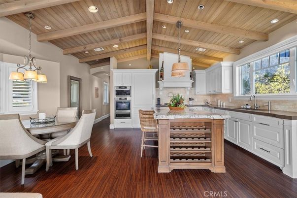 Dining room, Interior, Kitchen, Pendant Lights, Recessed Lighting, Stainless Steel Appliances, Wooden Beams, Wooden Ceilings, Wood Texture Flooring