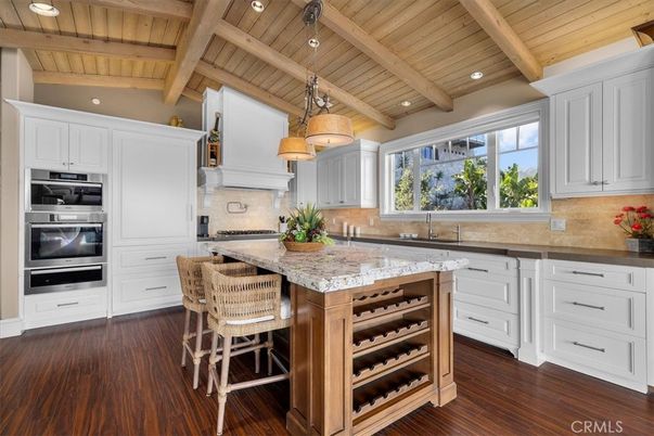 Interior, Kitchen, Pendant Lights, Recessed Lighting, Stainless Steel Appliances, Wooden Beams, Wooden Ceilings, Wood Texture Flooring