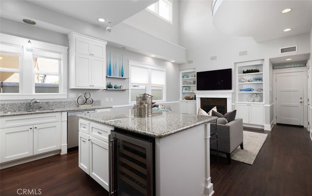 Fireplace, Interior, Kitchen, Living room, Recessed Lighting, Wood Texture Flooring