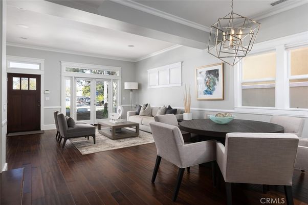 Dining room, Interior, Living room, Pendant Lights, Wood Texture Flooring