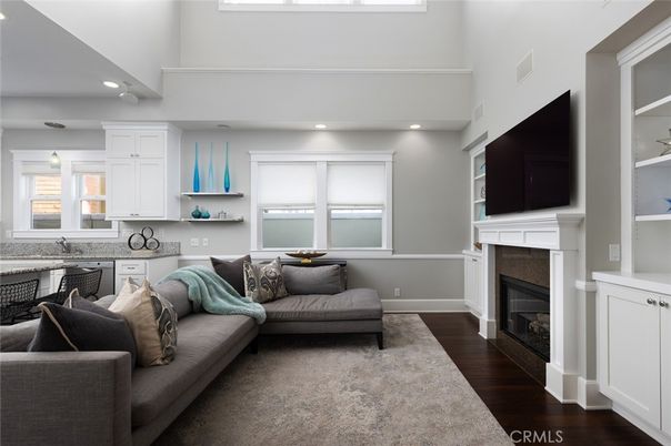 Fireplace, Interior, Kitchen, Living room, Recessed Lighting, Wood Texture Flooring