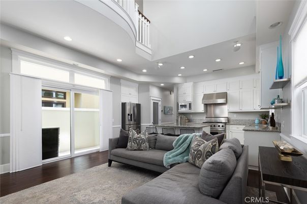 Dining room, Interior, Kitchen, Living room, Recessed Lighting, Stainless Steel Appliances, Wood Texture Flooring