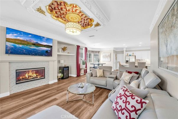 Dining room, Fireplace, Interior, Kitchen, Living room, Recessed Lighting, Wood Texture Flooring