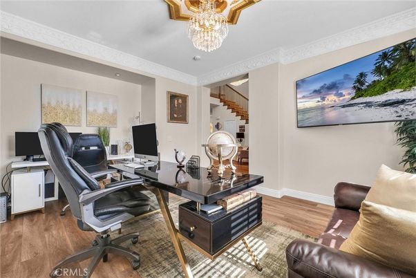 Chandelier, Home Office, Interior, Wood Texture Flooring