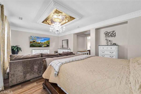Bedroom, Chandelier, Interior, Wood Texture Flooring