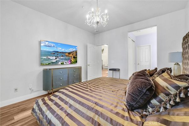 Bedroom, Chandelier, Interior, Wood Texture Flooring