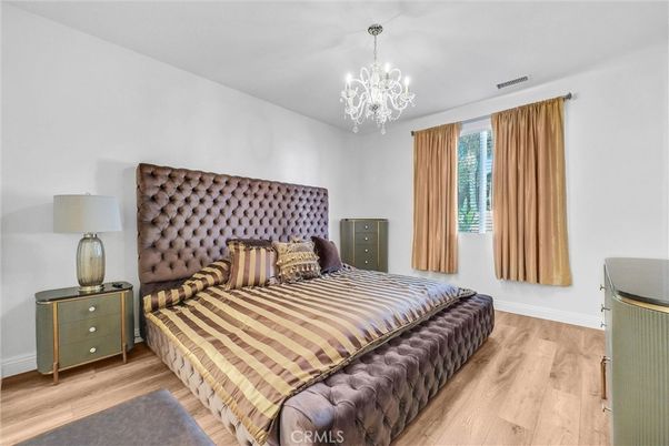 Bedroom, Chandelier, Interior, Wood Texture Flooring
