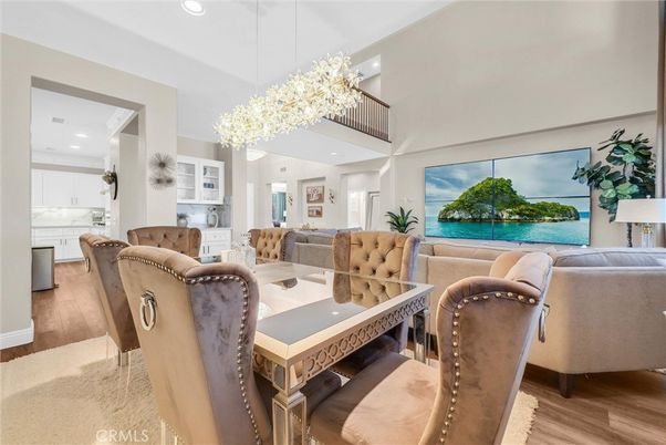 Chandelier, Dining room, Interior, Kitchen, Living room, Pendant Lights, Recessed Lighting, Wood Texture Flooring