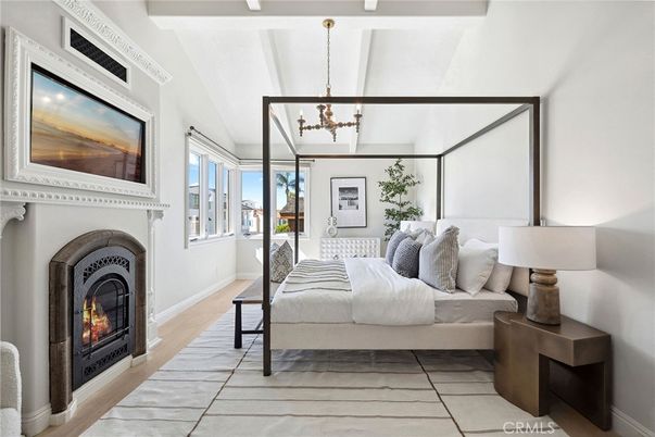 Bedroom, Chandelier, Fireplace, Interior, Wood Texture Flooring