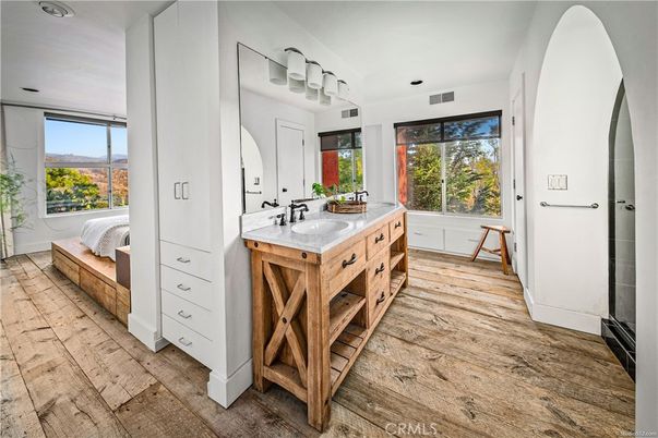 Bathroom, Dual Sink Vanities, Interior, Recessed Lighting, Wood Texture Flooring