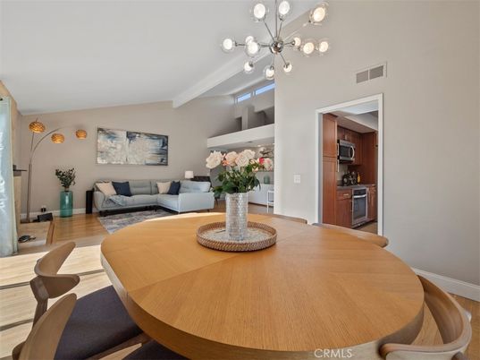 Dining room, Interior, Living room, Pendant Lights, Wood Texture Flooring