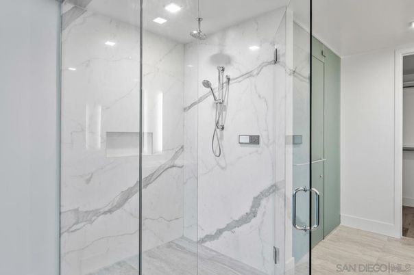 Bathroom, Glass Shower, Interior, Marble Walls, Recessed Lighting, Wood Texture Flooring