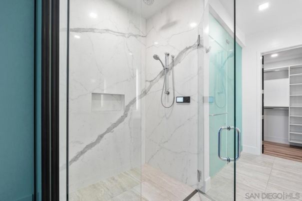 Bathroom, Glass Shower, Interior, Marble Walls, Recessed Lighting