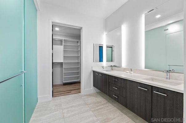 Bathroom, Dual Sink Vanities, Interior, Recessed Lighting, Walk-in Closets, Wood Texture Flooring