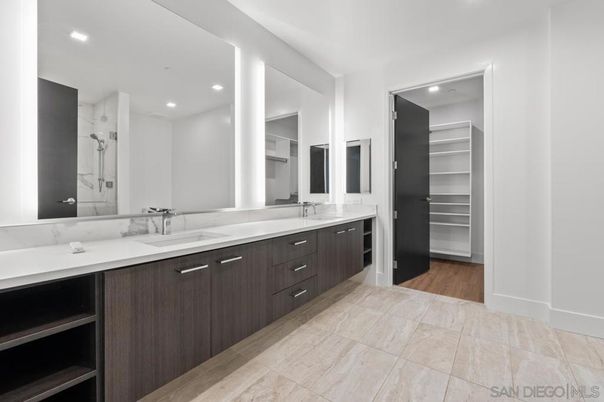 Bathroom, Dual Sink Vanities, Interior, Recessed Lighting, Walk-in Closets, Wood Texture Flooring