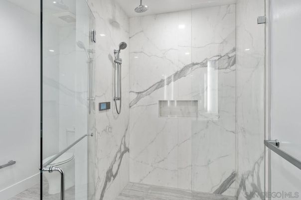 Bathroom, Glass Shower, Interior, Marble Walls, Recessed Lighting