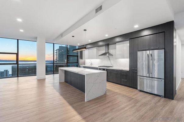 Interior, Kitchen, Pendant Lights, Recessed Lighting, Stainless Steel Appliances, Water, Wood Texture Flooring