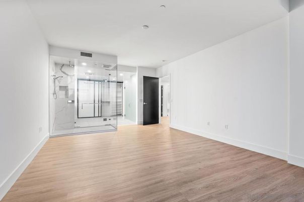 Bathroom, Empty room, Interior, Recessed Lighting, Wood Texture Flooring