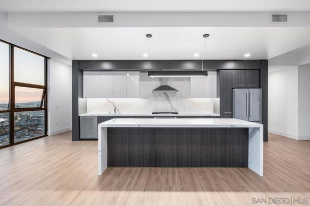Interior, Kitchen, Marble Walls, Pendant Lights, Recessed Lighting, Wood Texture Flooring