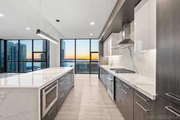 Interior, Kitchen, Pendant Lights, Recessed Lighting, Stainless Steel Appliances, Water, Wood Texture Flooring