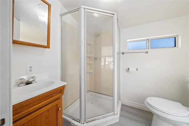Bathroom, Glass Shower, Interior, Wood Texture Flooring