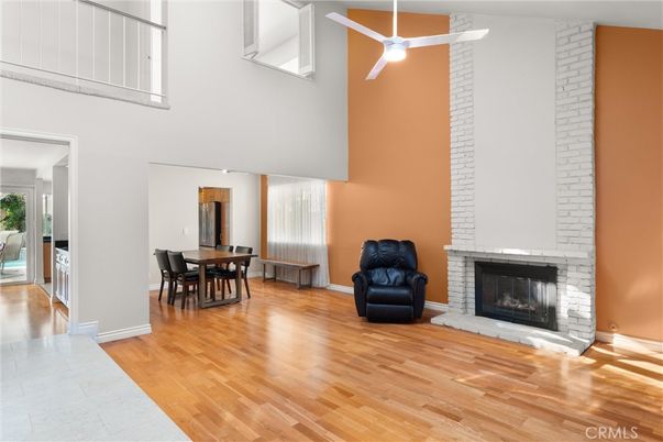 Dining room, Fireplace, Interior, Stone Walls, Wood Texture Flooring