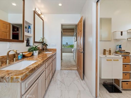 Bathroom, Dual Sink Vanities, Interior, Marble, Recessed Lighting