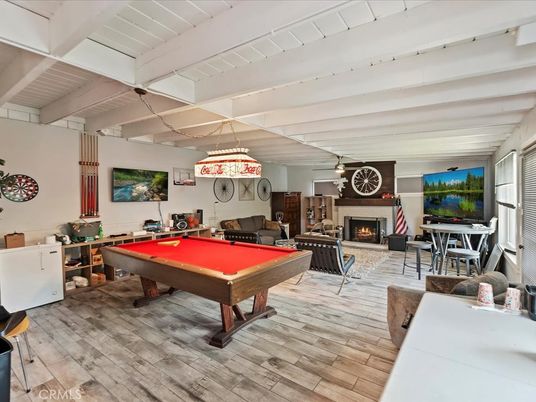 Billiard Table, Fireplace, Game Room, Interior, Pendant Lights, Wood Texture Flooring